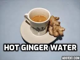 Hot ginger water. Raw ginger pieces on the table with a cup of hot ginger water