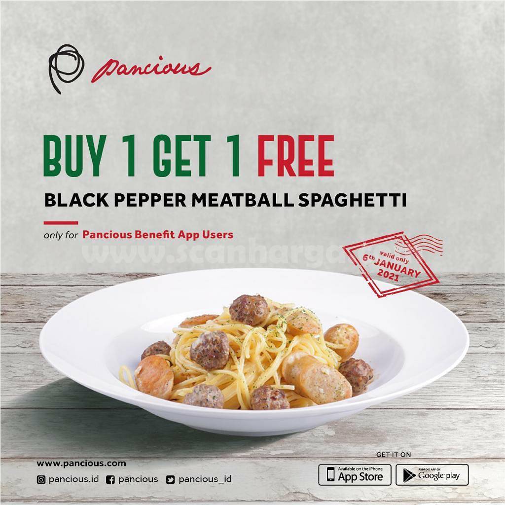 PANCIOUS Promo BELI 1 GRATIS 1 menu Black Pepper Meatball Spaghetti