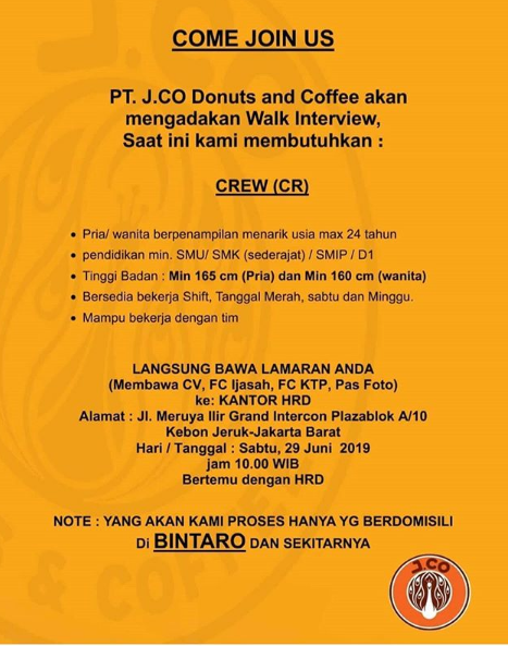 Penerimaan Tenaga Crew PT JCO Donuts and Coffee Minimal SMA SMK Sederajat