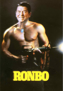 postcard of Reagan's head on Rambo's body, titled "Ronbo"