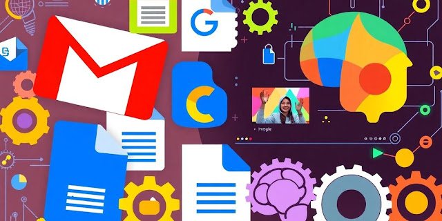 Collage of Gmail, Docs, and video editing icons.