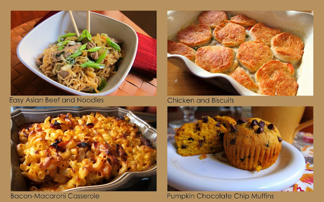 Asian Beef and Noodles, Chicken and Biscuits, Bacon-Macaroni Casserole and Pumpkin Chocolate Chip Muffins