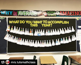 Mrs. Tut shared this photo of her matholution bulletin board on Instagram with the title "What do you want to accomplish this year?"