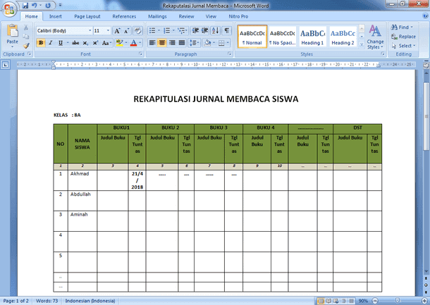 Contoh Jurnal Membaca Harian Program Gerakan Literasi  di 