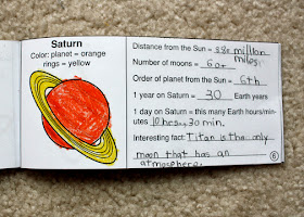 A page from Tessa's completed "My Pocket Planet Guide." Did you know Titan, one of Saturn's moons, has an atmosphere?