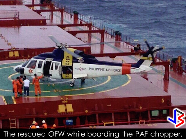 The Philippine Air Force (PAF) rescued an overseas Filipino worker (OFW) who needed medical treatment while aboard an Italian ship cruising the West Philippine Sea last December 8. The rescued  Filipino crew member Able Seaman Jaime Jerome  is onboard the Italian vessel M/V Marlene D'Amato.  PAF spokesman Colonel Antonio Francisco said the ship "requested for the aeromedical evacuation" of Jerome.                    When the ship made this distress call, it was around 100 nautical miles west of Bolinao, Pangasinan.  Francisco said Air Force pilots lifted Jerome from M/V Marlene D'Amato to Villamor Air Base in Pasay City "despite the high level of risks posed by the deteriorating weather condition en route and the rough sea conditions which made the landing at the ship deck more difficult."  Francisco said this mission "exemplifies the PAF's commitment to put into action its thrust of developing a Jointly Engaged Transforming Force for greater peace and security."   Source:Rappler ©2016 THOUGHTSKOTO