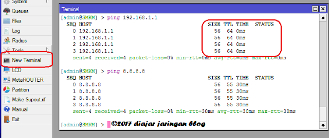 tes ping koneksi mikrotik- tes koneksi internet mikrotik-pengujian koneksi internet mikotik