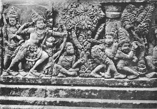 Rama  and Lakshmana defeat Sabahu and Marica, the rakshasas who try to interfere with the sacrifice of the sage Vishvamitra. Marica is the rakshasa who turns himself into a beautiful deer at the request of Ravana, to inveigle Rama away from his home, thus allowing the capture of Sita. Relief from prambanam, Java, eight century.