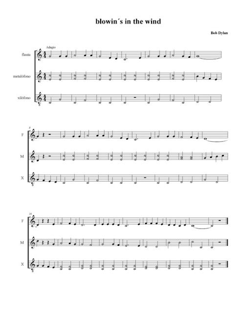 Partitura de Blowin in the Wind para Instrumentos de Placa como Xilófonos Metalófonos y Flauta