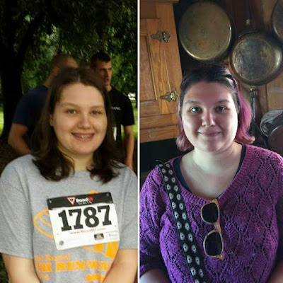 Before and After. Left is me in 2014, wearing a Strides for Pride race shirt and race number. On the right is me in 2016 in front of pots and pans on the wall, wearing a purple sweater and sunglasses hanging from my sweater. 