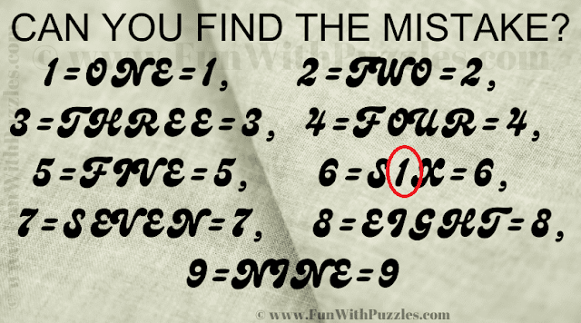 CAN YOU FIND THE MISTAKE? 1=ONE=1, 2=TWO=2, 3=THREE=3, 4=FOUR=4, 5=FIVE=5, 6=S1X=6, 7=SEVEN=7, 8=EIGHT=8, 9=NINE=9