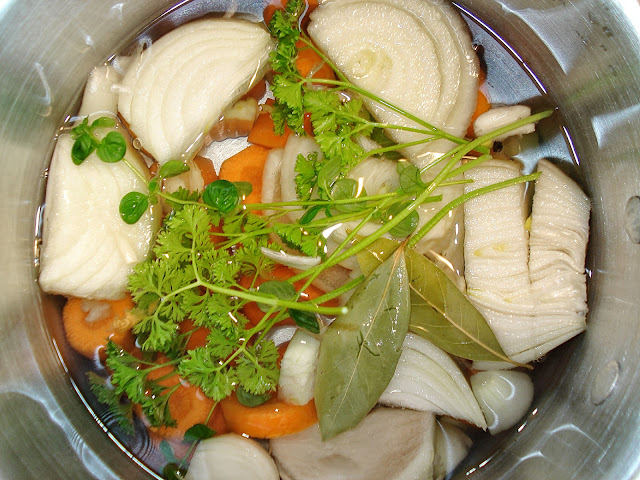 Vegetable stock in a pan ready to cook