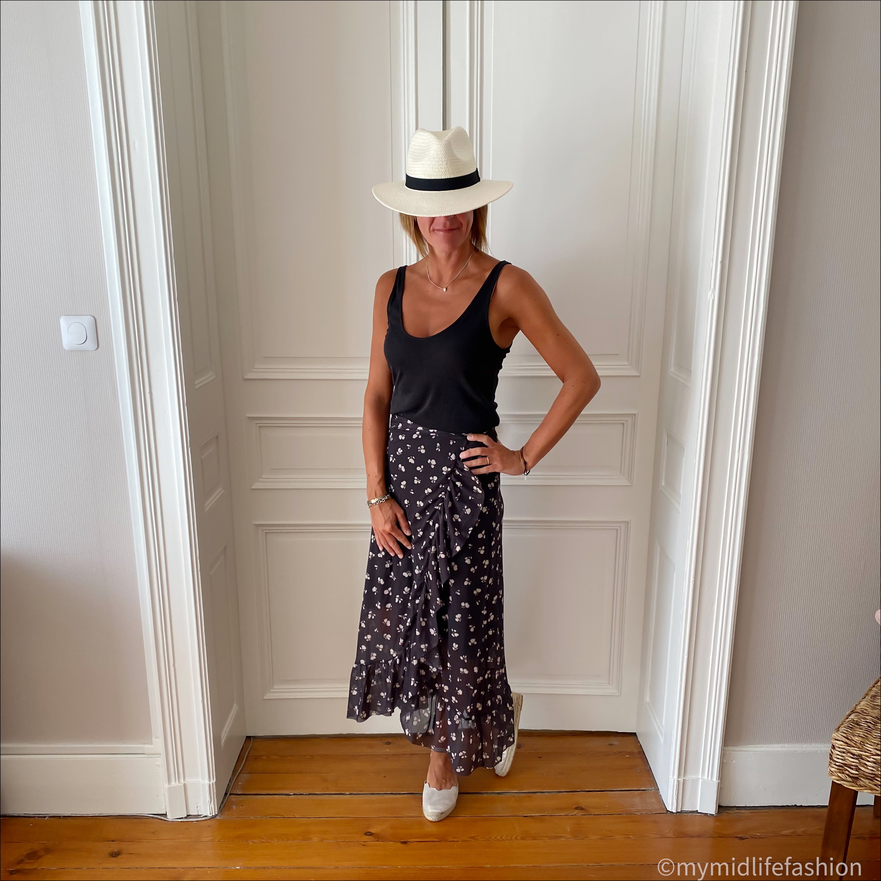 my midlife fashion, zara Panama hat, and other stories ribbed tank top, ganni mesh frill detail wrap skirt, Carl Scarpa Brittany metallic wedge espadrilles