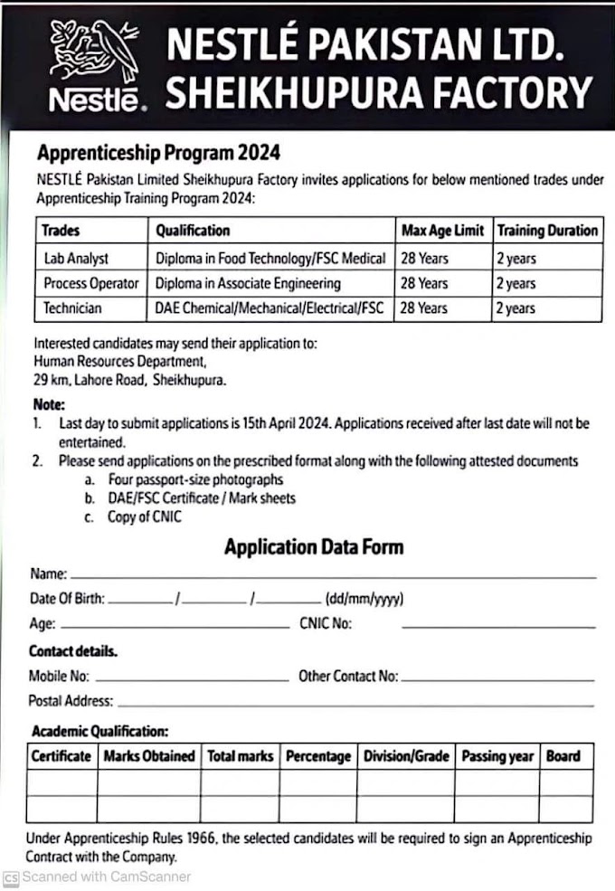 Apprenticeship 2024 at Nestle Pakistan Ltd Sheikhupura Lahore