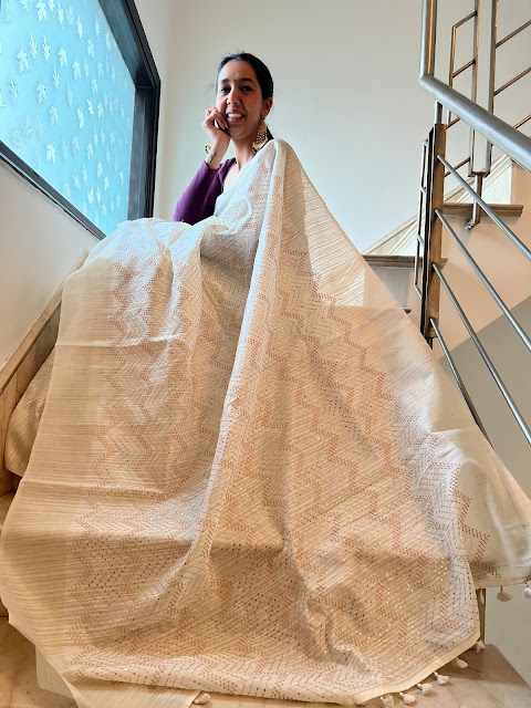 White tussars embroidered saree