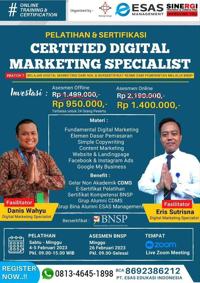 WA.0813-4645-1898 | Certified Digital Marketing Specialist (CDMS), Sertifikasi BNSP RI Digital Marketing 4 Februari 2023