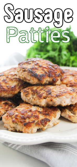 sausage patties piled on a white plate with a recipe title text overlay.