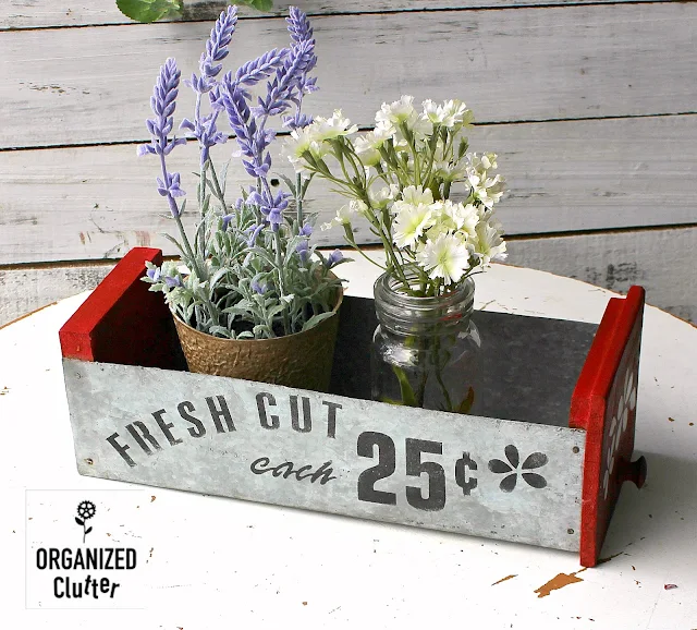 Junky Garage Drawers/Bins Get A Garden Makeover #oldsignstencils #stencil #milkpaint #homesteadhousemilkpaint #fusionmineralpaint #upcycle #repurpose #galvanized #gardendecor #rusticgardendecor