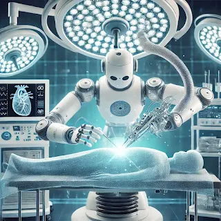 A state-of-the-art robotic surgical system in action, controlled by a surgeon. The image highlights how AI-powered robots are enhancing precision in minimally invasive surgeries.