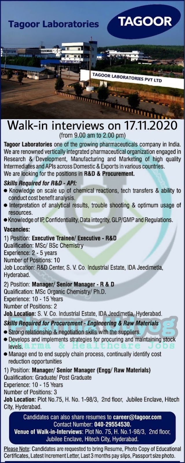 Tagoor Laboratories | Walk-In for R&D / Procurement (Engineering / Raw Materials) on 17th Nov 2020 at Hyderabad