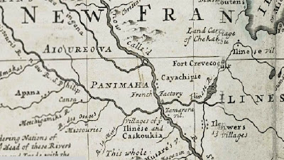 Close up of the Partie orientale du Canada ou de la Nouvelle France : ou sont les provinces, ou pays de Sagvenay, Canada, Acadie etc., les peuples, ou nations des Etechemins, Iroquois, Attiquameches etc., auec la Nouvelle Angleterre, la Nouvelle Ecosse, la Nouvelle Yorck, et la Virginie, les isles de Terre Neuve, de Cap Breton etc., le Grand Banc etc. dressee sur les memoires les plus nouveaux;1689. Image Courtesy of the New York Public Library.