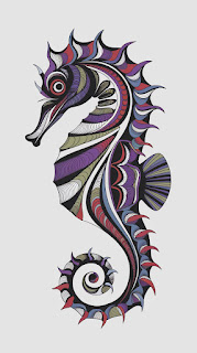 "Tribal seahorse art with intricate designs, vibrant colors including purple, blue, red, white, black, and gold, abstract seahorse representation, dynamic artistic illustration, flowing lines seahorse, colorful tribal patterns, seahorse with detailed tribal motifs, white background seahorse art, artistic seahorse design with vivid hues."