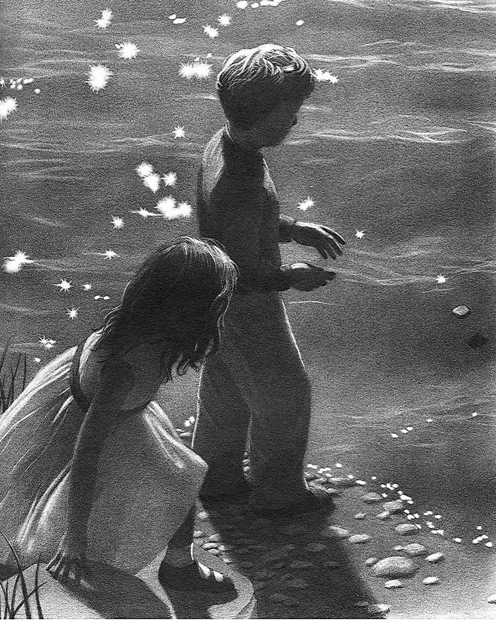 a Chris Van Allsburg book illustration of children at the beach skipping a stone