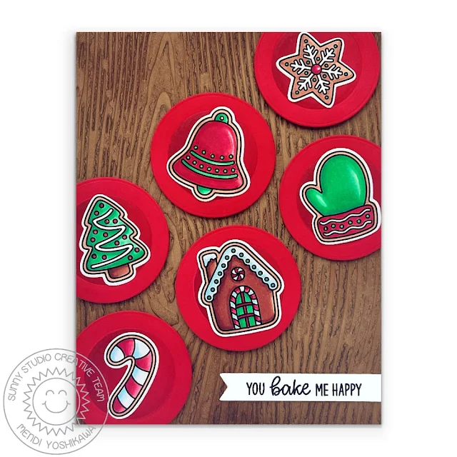 Sunny Studio Christmas Cookies on Red Plates Wood Embossed Holiday Card (using Baking Spirits Bright Stamps & Woodgrain 6x6 Embossing Folder)