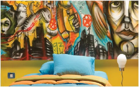 Juvenile graffiti bedrooms. Hip hop culture, graffiti decoration.