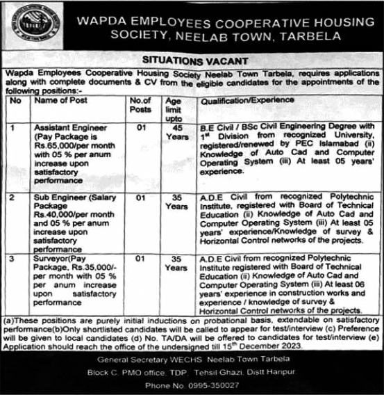 Tarbela Jobs for WAPDA Employees Cooperative Housing Society November 2023: Sub/Assistant Engineers & Surveyors