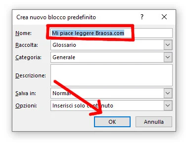 Crea nuovo blocco predefinito Word