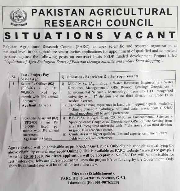 Pakistan agriculture research council Jobs 2020 for Scientific Assistant