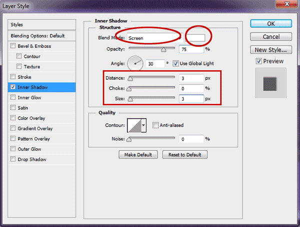 Inner Shadow Settings.