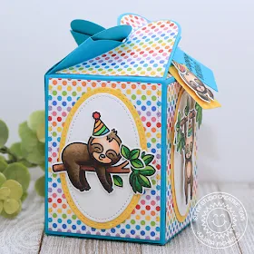 Sunny Studio Stamps: Surprise Party Paper Bold Balloons Happy Thoughts Silly Sloths Wrap Around Box Dies Birthday Card Birthday Gift Box by Angelica Conrad and Juliana Michaels