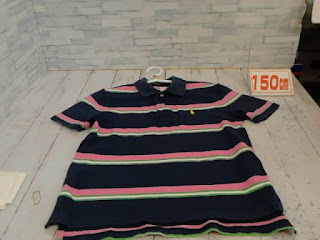 中古品　子供服　１５０ｃｍ　POLO　ネイビー×ピンク　ボーダー　半袖シャツ　８８０円