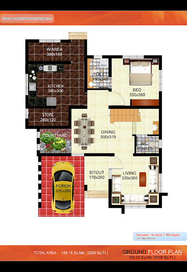 Kerala villa plan - 2035 Sq. Ft