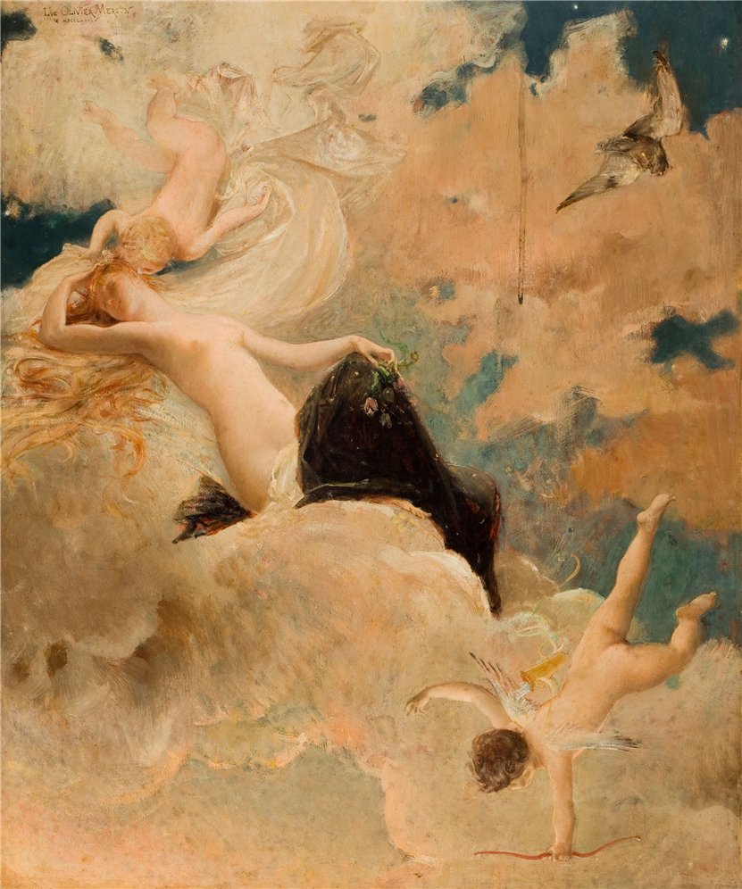 Luc-Olivier Merson: Beauté éthérée avec putti dans les nuagess, 1885