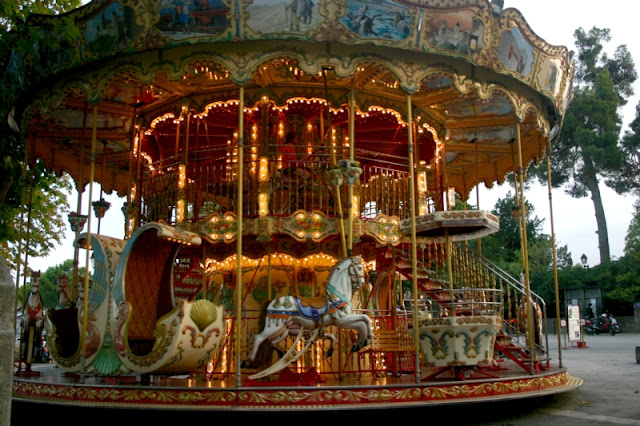 Carcassonne carousel ride at the front  before heading into the walled 12 century village.