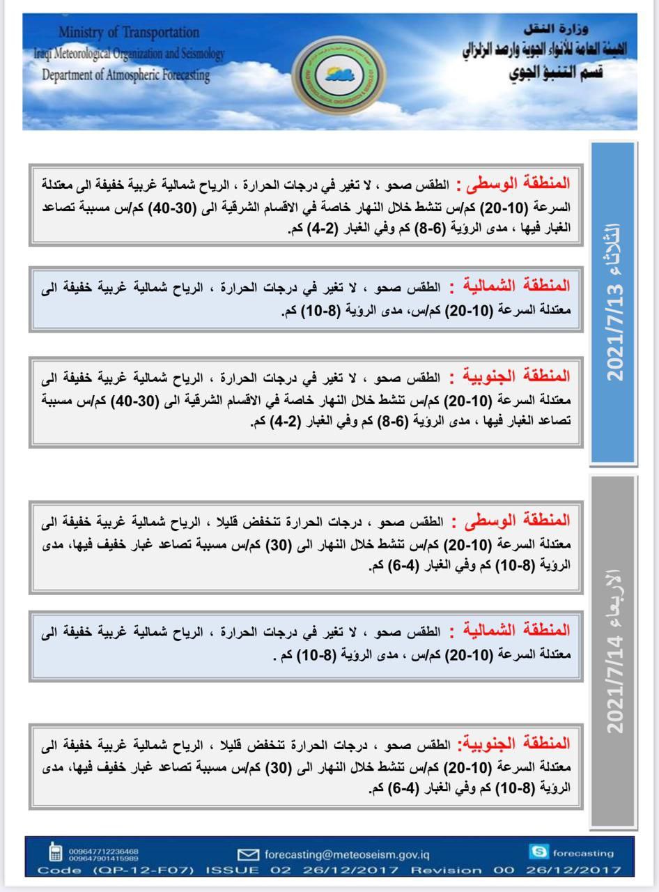 الطقس والحالة الجوية لجميع محافظات العراق