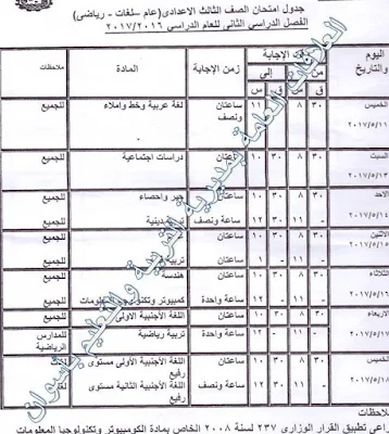 جداول امتحانات اخر العام بمحافظة اسوان 2017 جميع المراحل (إبتدائيه واعداديه وثانويه)