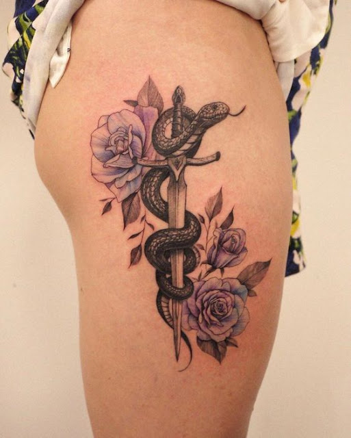 Thigh-with-snake-and-Roses-Tattoo