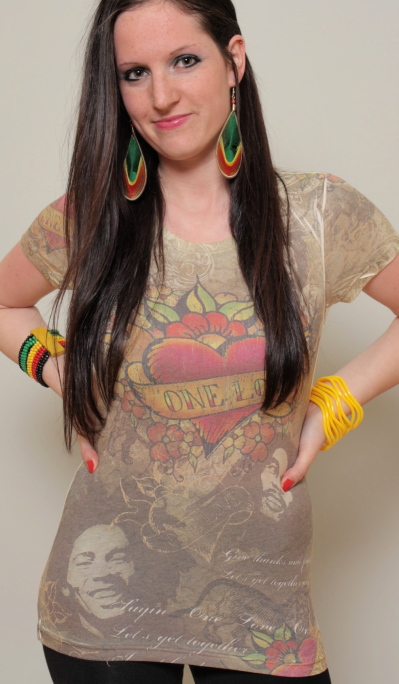 On a great neutral background the Bob Marley One Love Tattoo tee features