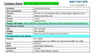 ITI Freshers Jobs Recruitment in Tata Autocomp GY Batteries Limited Ranjangaon MIDC, Pune