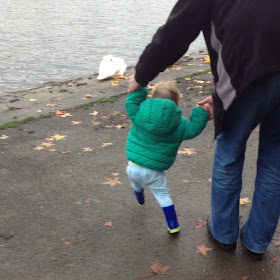 toddler cahsing ducks wearing his wonderful wellies