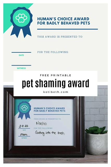 Print this free printable pet shaming award so everyone knows what your dog or cat did! This funny sign is dry erase, so you can mark what your pet did each time they are bad.  This cute sign can be placed on a shelf or hung on the wall so everyone can share in the humor of your funny pet. #pets #petshaming #dog #cat