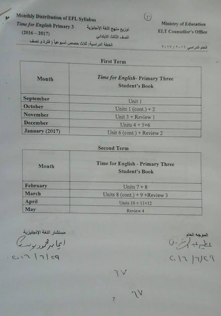 توزيع منهج اللغة الانجليزية للصف الثالث الابتدائى الترمين 2017