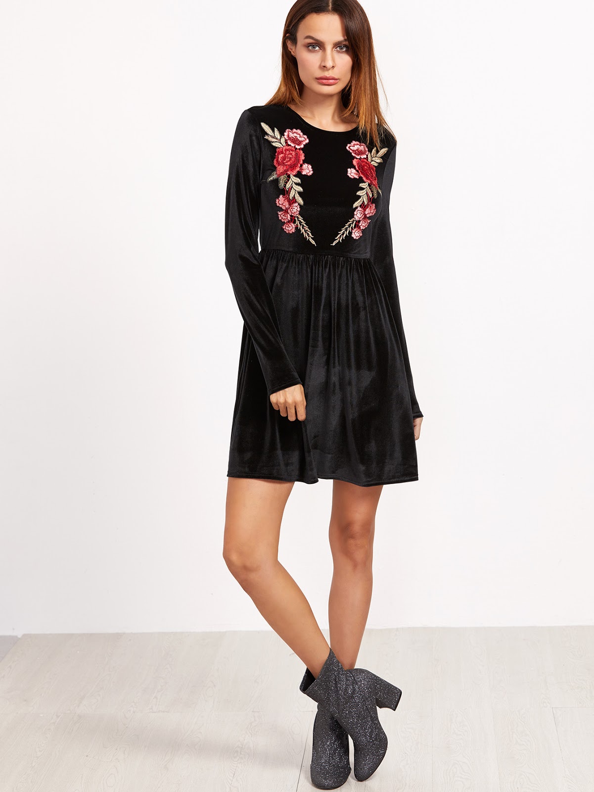  Black Rose Embroidered A Line Velvet Dress