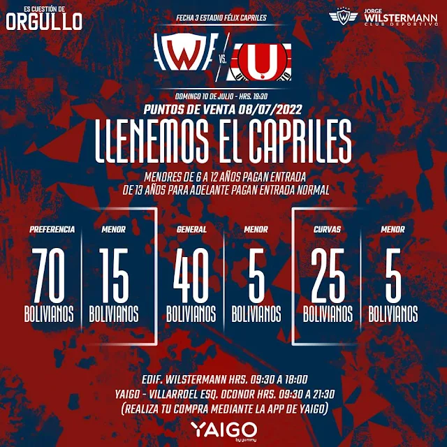 Venta de entradas Wilstermann vs Universitario de Vinto