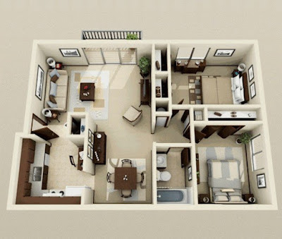 2 bedroom 3d floor plans with balcony and separate kitchen
