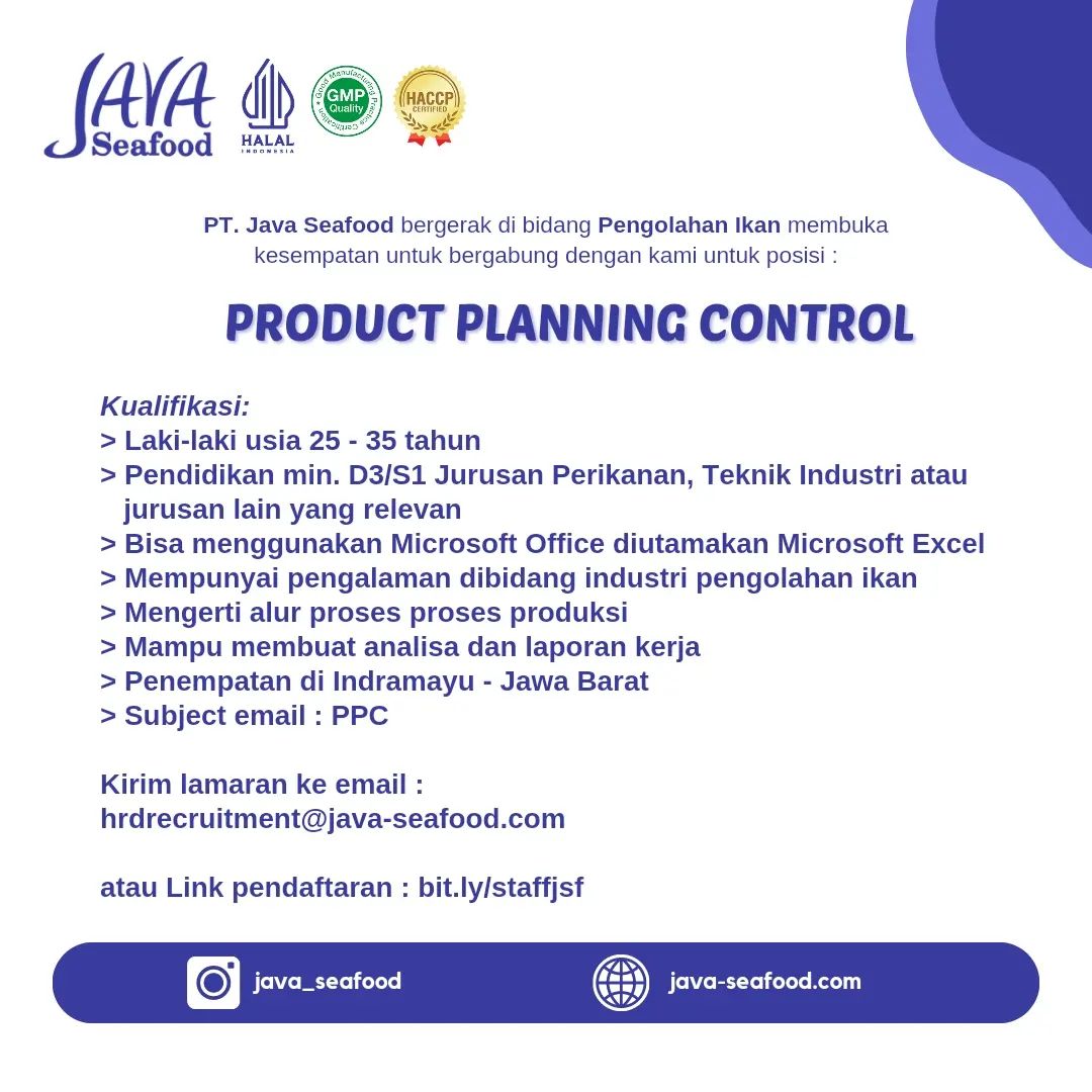 Lowongan Kerja Product Planning Control PT. Java Seafood Indramayu